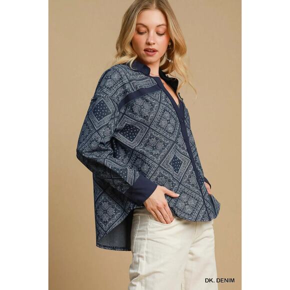 Umgee Paisley Pattern Long Sleeves Buttoned Relaxed Fit Dark Denim Shirt Jacket - Picture 5 of 7